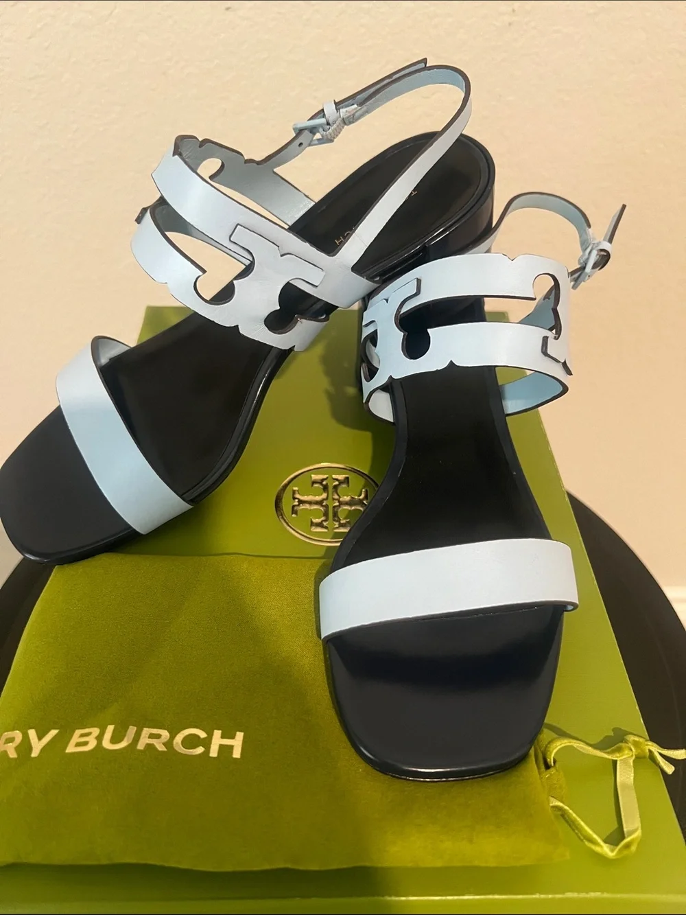 Tory Burch Ines Cage Heel Sandals 50mm Pale Lapis Perfect Navy Size 9 New